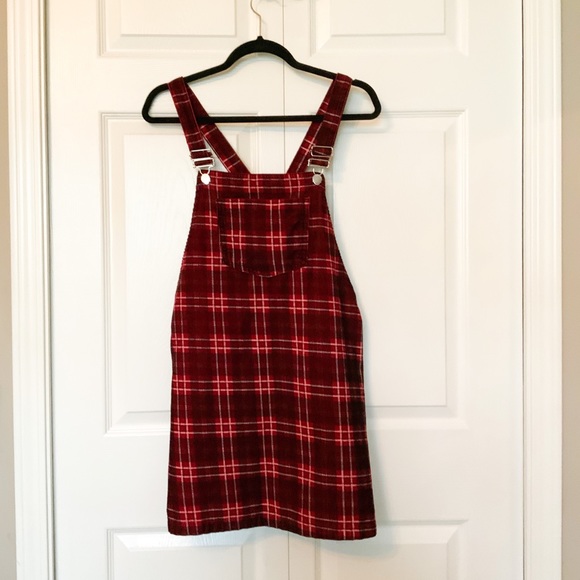 topshop red plaid corduroy overall dress